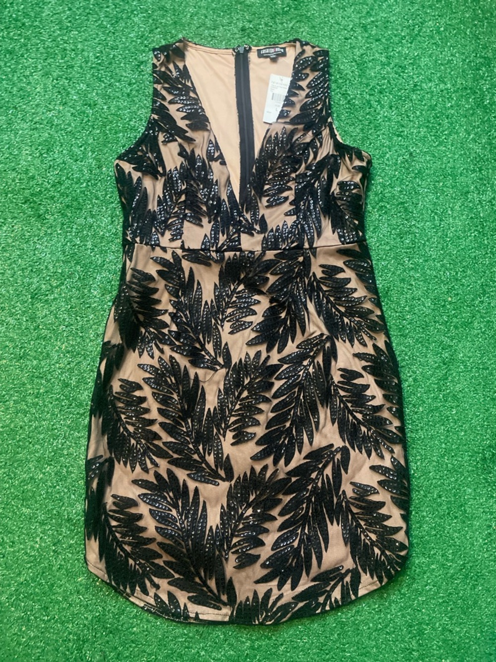 Fashion Nova Black Sequin Leaf Embellished Nude Mini Dress